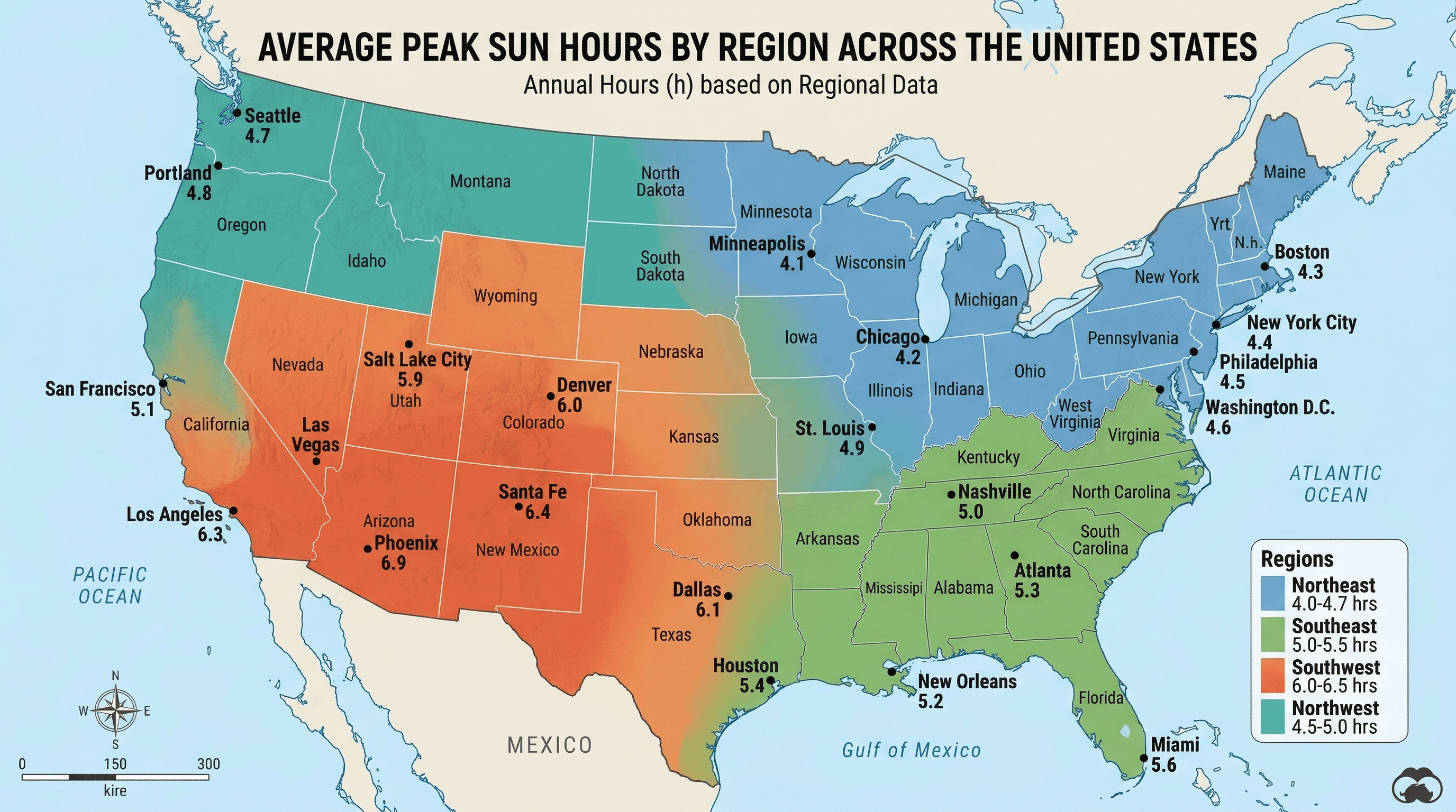 Map showing peak sun hours across the United States from 4.3 in Vermont to 6.5 in Arizona