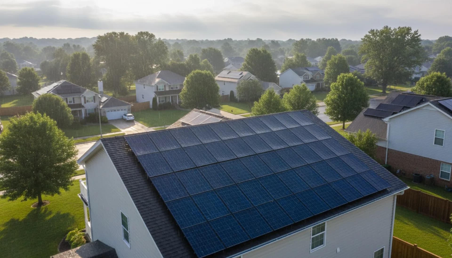Residential solar panels on suburban roof with maintenance care