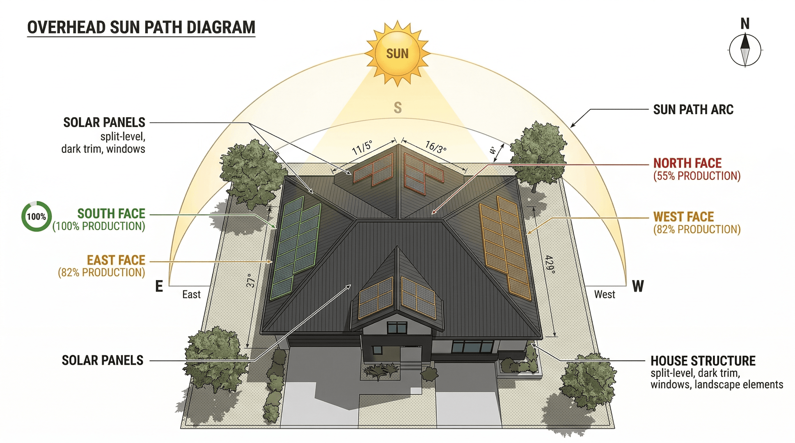 Diagram showing solar panel production by roof orientation: south-facing optimal, east-west good, north poor