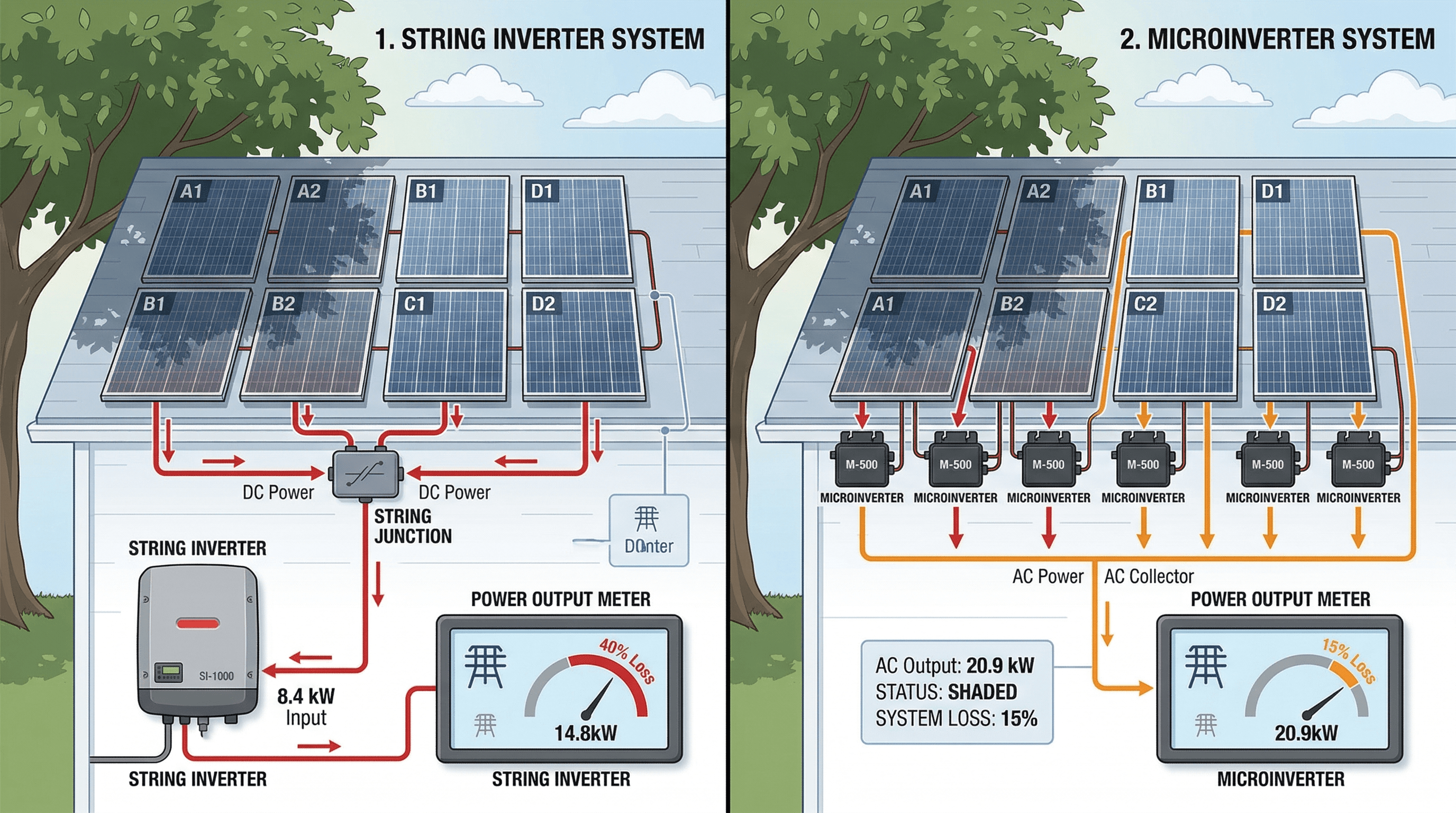 Comparison of string inverter vs microinverter shading impact on solar panel production