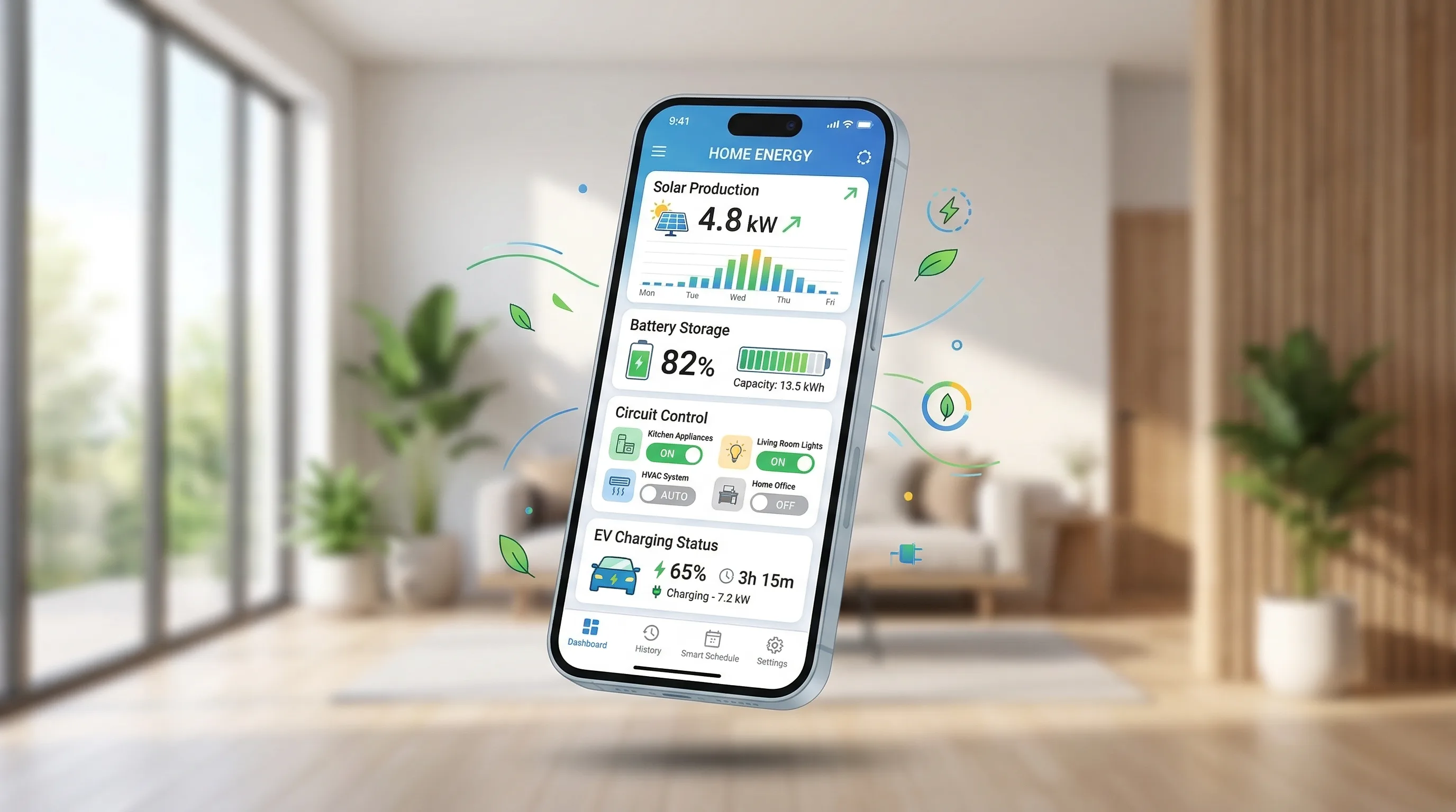 Smartphone displaying the SPAN energy management app with circuit-level controls and TOU scheduling