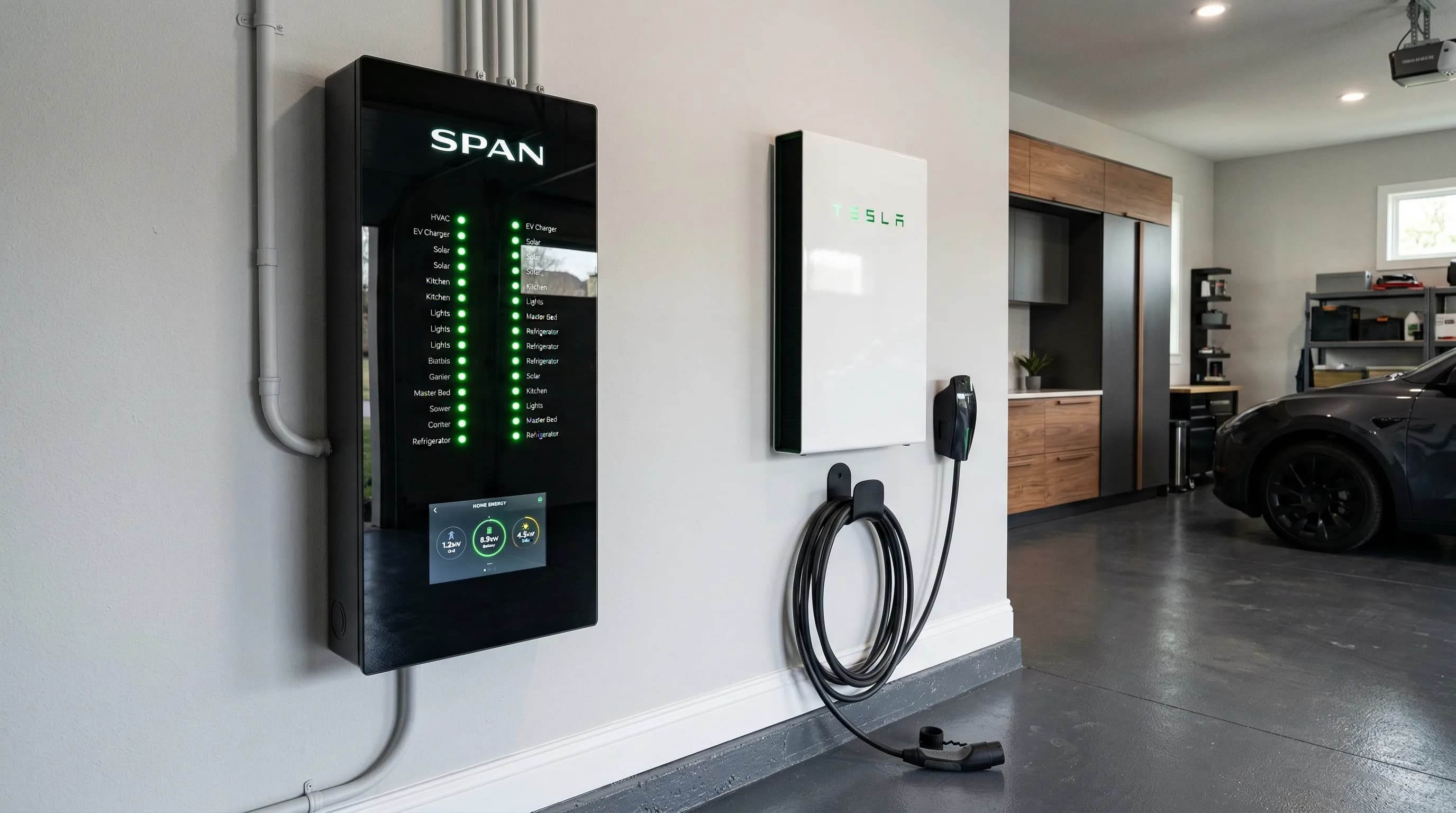 SPAN smart electrical panel installed in a garage alongside a Tesla Powerwall and EV charger