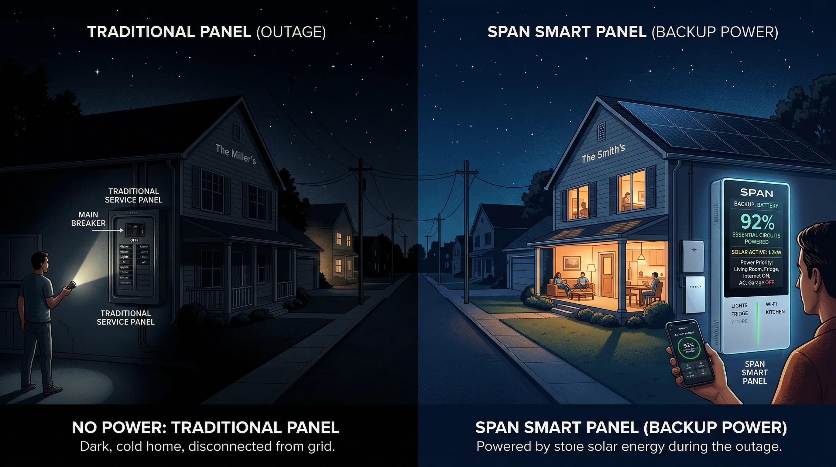 Comparison of a dark house without power versus a lit house with SPAN-managed battery backup during a grid outage