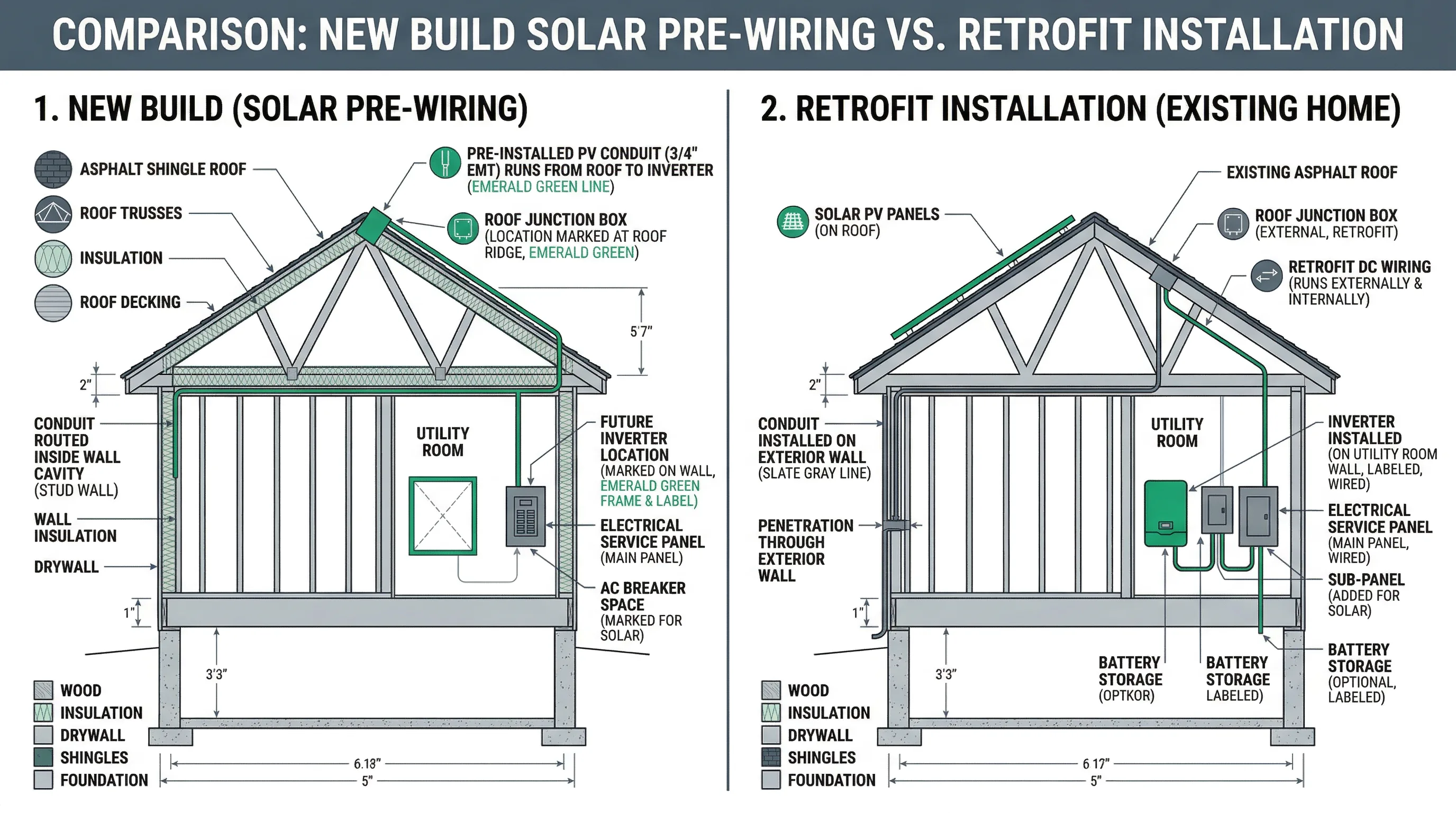 Cross-section diagram showing solar pre-wiring components including conduit, junction boxes, and panel-ready wiring