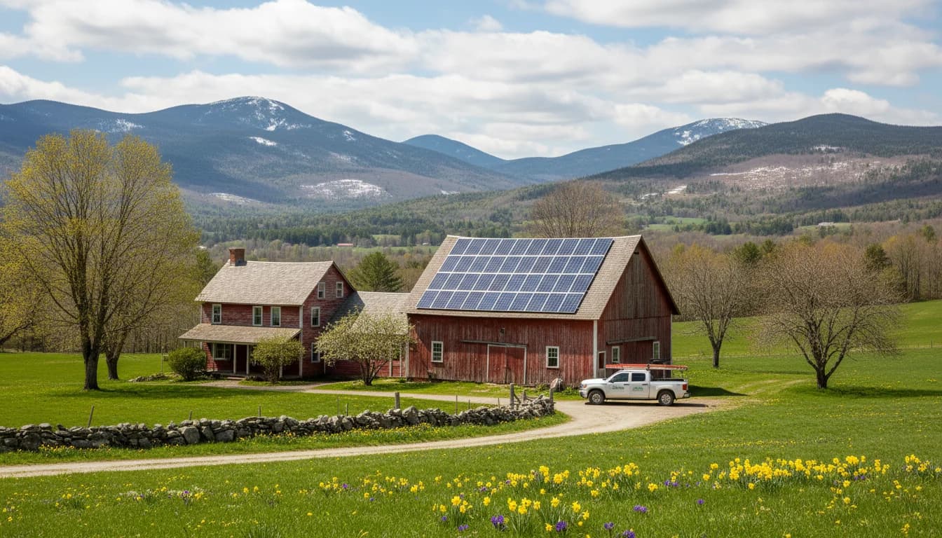 Solar panels on a Vermont rooftop with Green Mountains in the background
